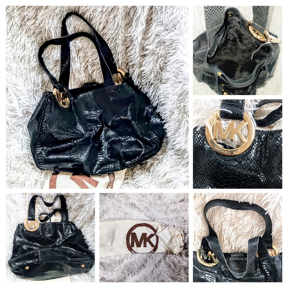 Michael Kors Large Black Purse Snake Embossed Leather Fulton Tote Gold Logo.